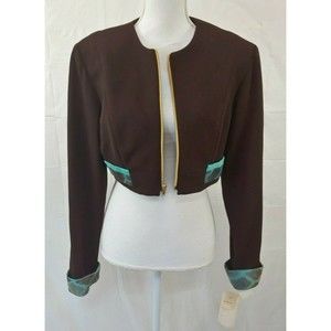 Vtg Linda Segal Jacket 12 Brown Blue Cropped Full Zip Shoulder Pads Large